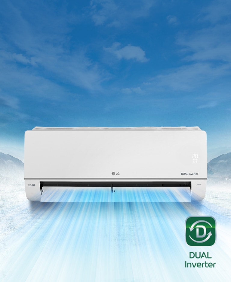 An air conditioner with a cool airflow on background of the snow mountain.