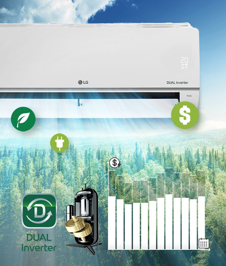 An air conditioner with airflow above the forest background, and a reducing energy use graph.