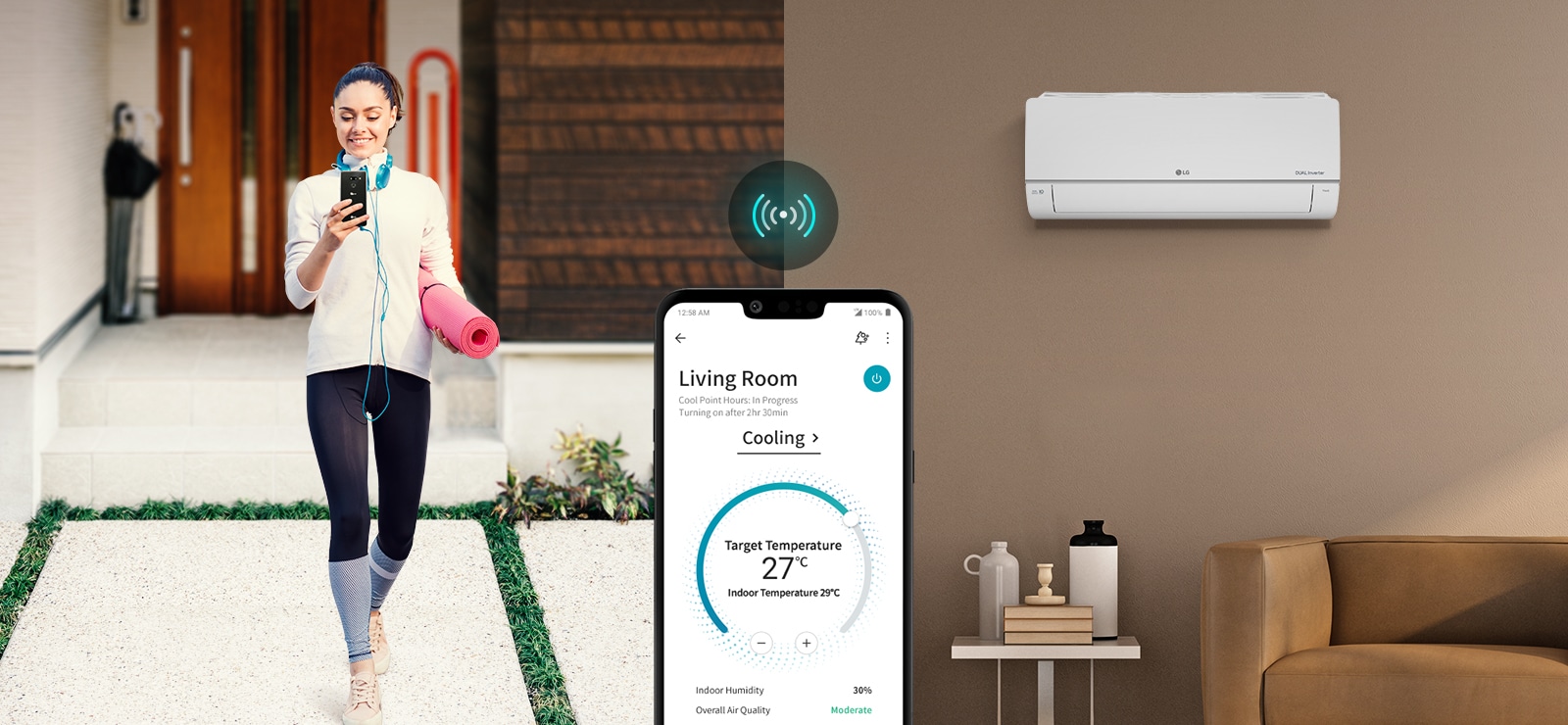 A woman who controls the air conditioner temperature with ThinQ™ while out.