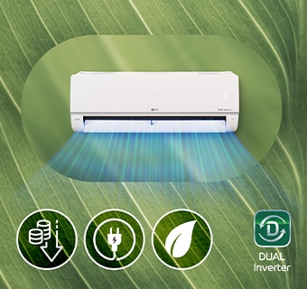 An air conditioner and 3 energy saving icons (coins, plugs, leaves) on an abstract background reminiscent of a leaf.