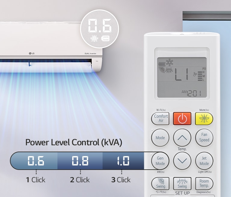 An air conditioner that allows setting the power in three steps via the remote control.