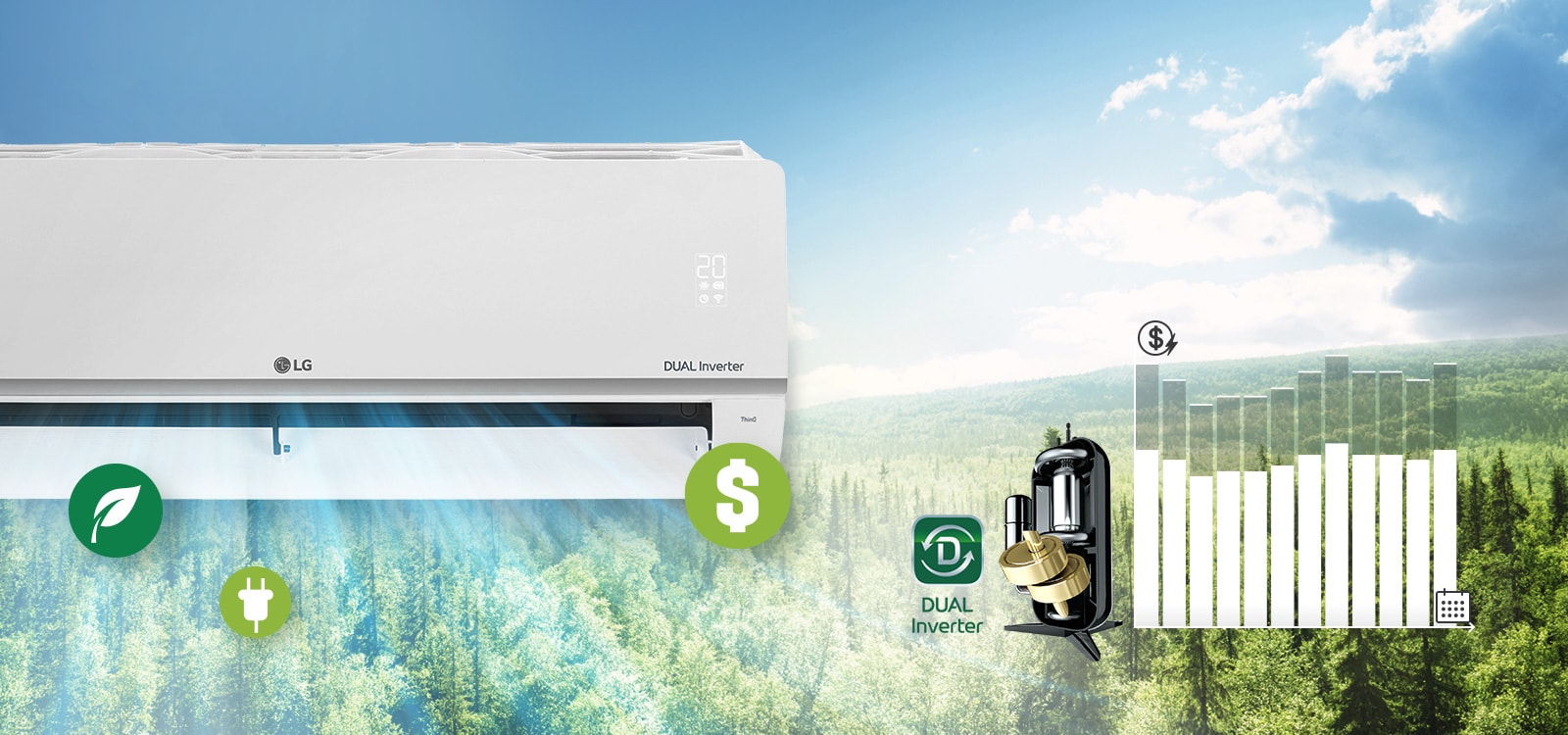 An air conditioner with airflow above the forest background, and a reducing energy use graph.