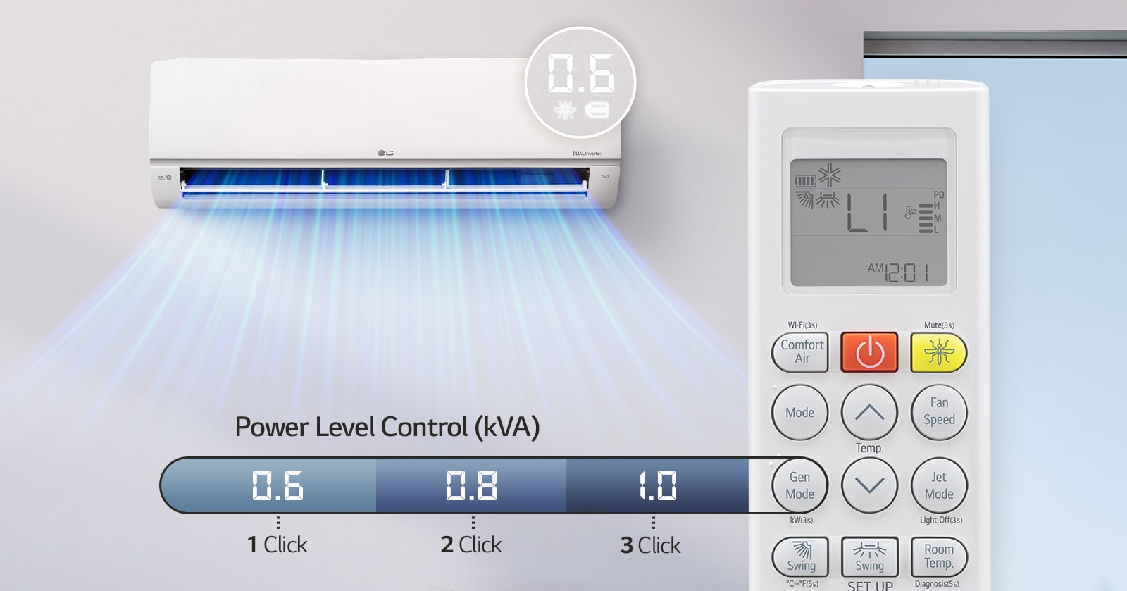 An air conditioner that allows setting the power in three steps via the remote control.