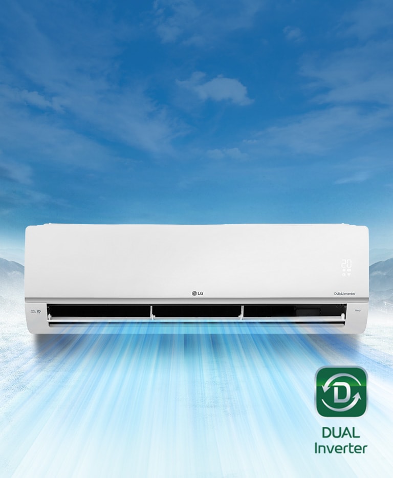 An air conditioner with a cool airflow on background of the snow mountain.