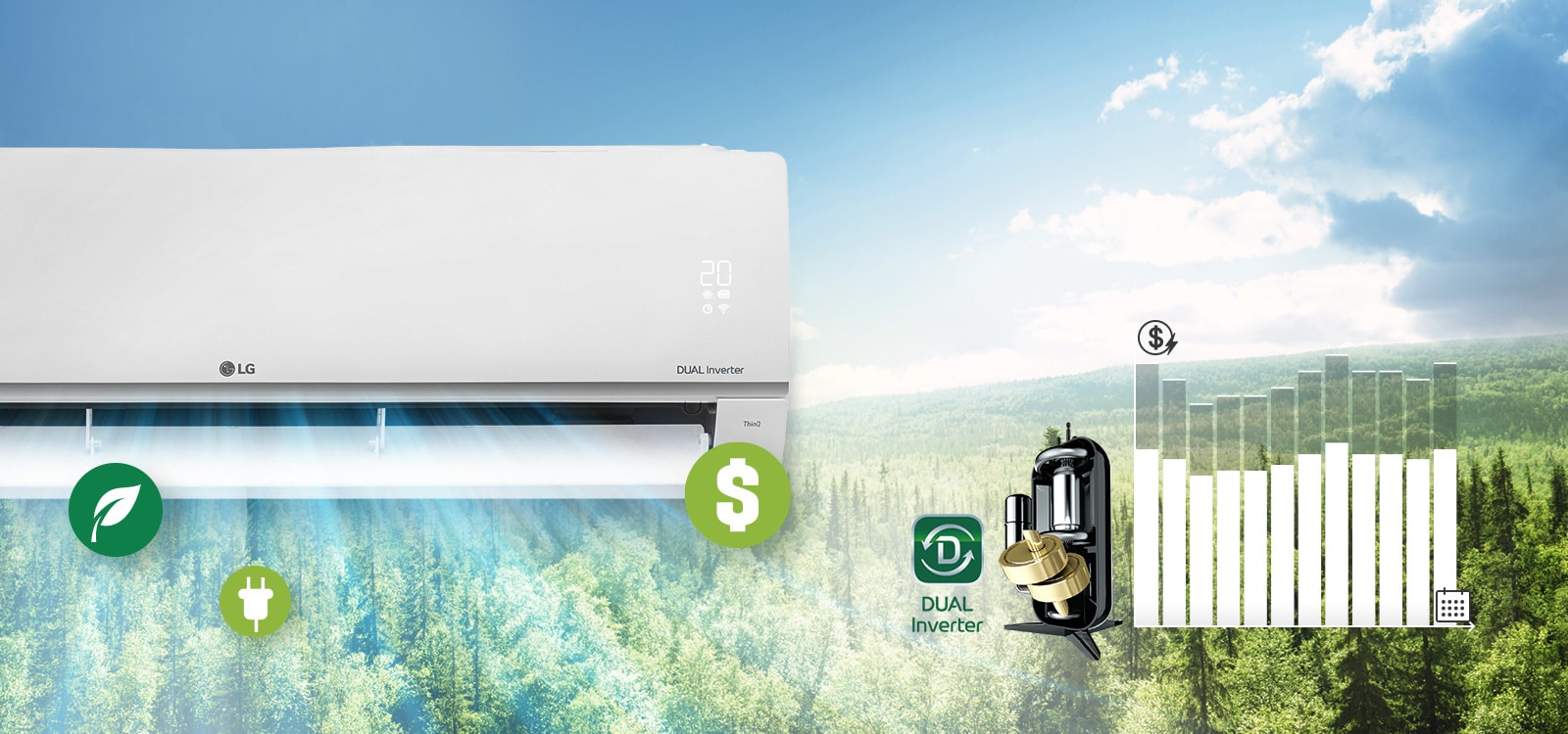 An air conditioner with airflow above the forest background, and a reducing energy use graph.