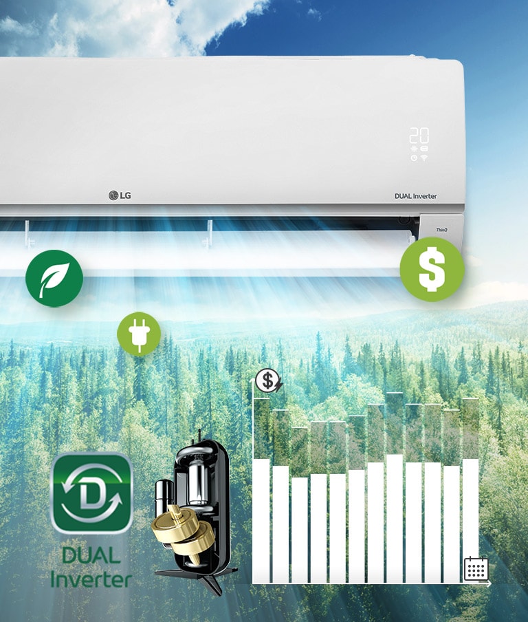 An air conditioner with airflow above the forest background, and a reducing energy use graph.