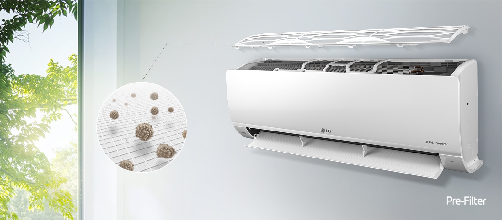 An air conditioner with an open filter, and a detail cut that dust being filtered