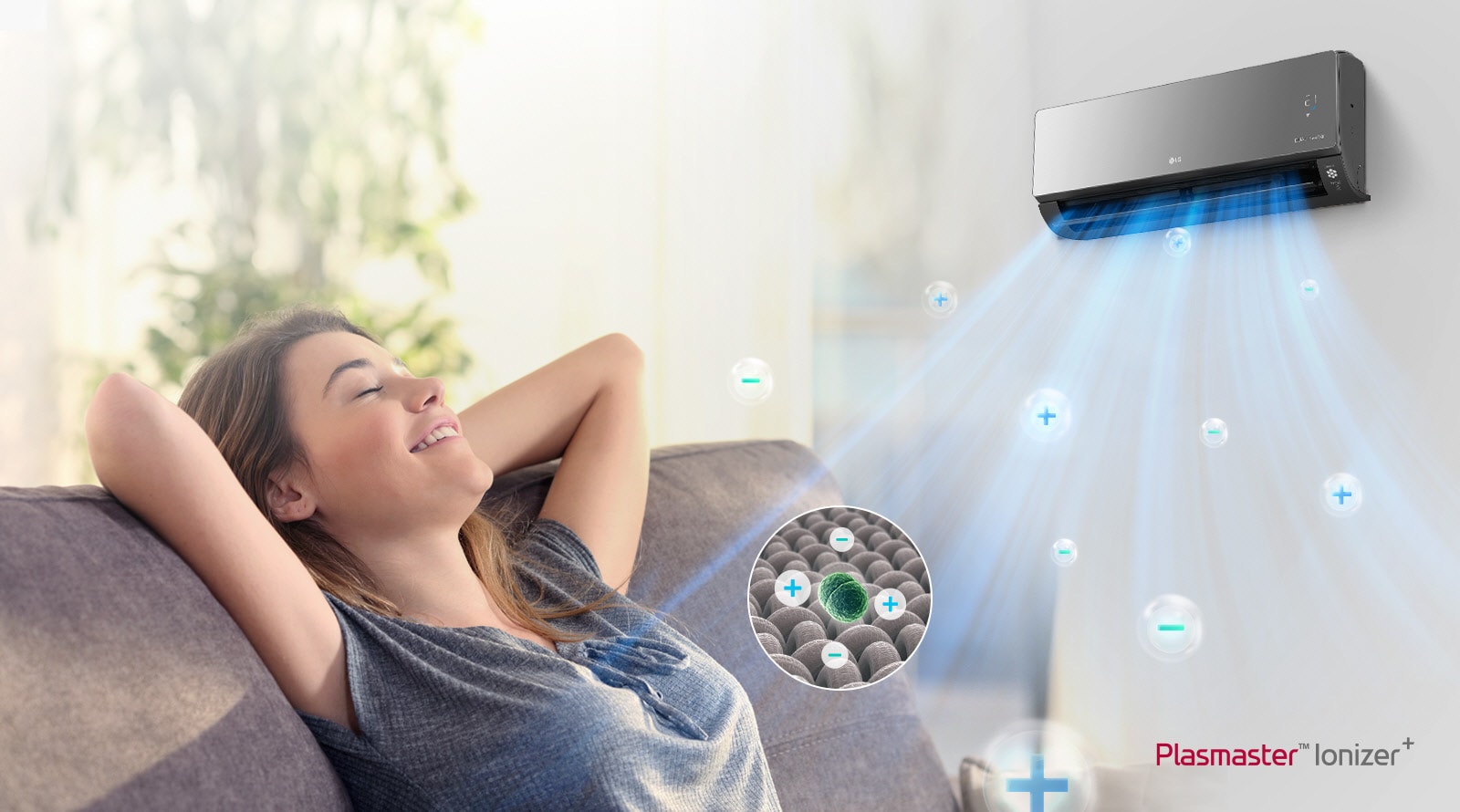 A play/pause button on the bottom indicates this is a video. A woman stretches back smiling on a couch. An LG air conditioner on the wall above her blows out air. Bubbles with plus and minus signs move through the air due to the Plastmaster Ionizer. There is a circle with a magnified view of the plus minus ion bubbles surrounding bacteria and deoderizing it. The Plasmaster Ionizer logo can be seen in the corner of the image.