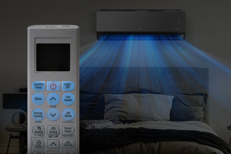 A dark image of a bed at night shows the air conditioner installed on the wall and blue air blowing out over the bed. In the foreground is the front of the remote control showing the buttons and temperature as they are highlighted in blue for easy viewing in the dark.