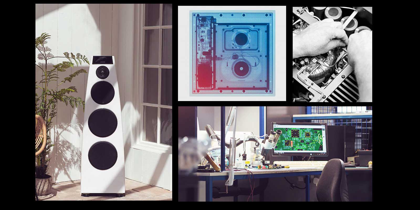 A layout of four images related to the Meridian audio