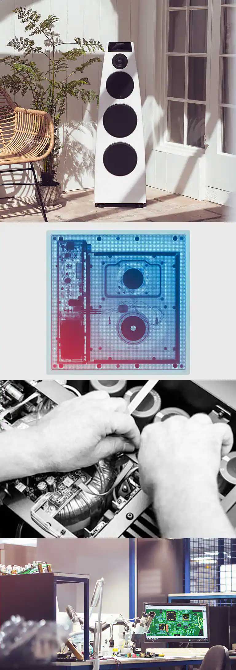 A layout of four images related to the Meridian audio