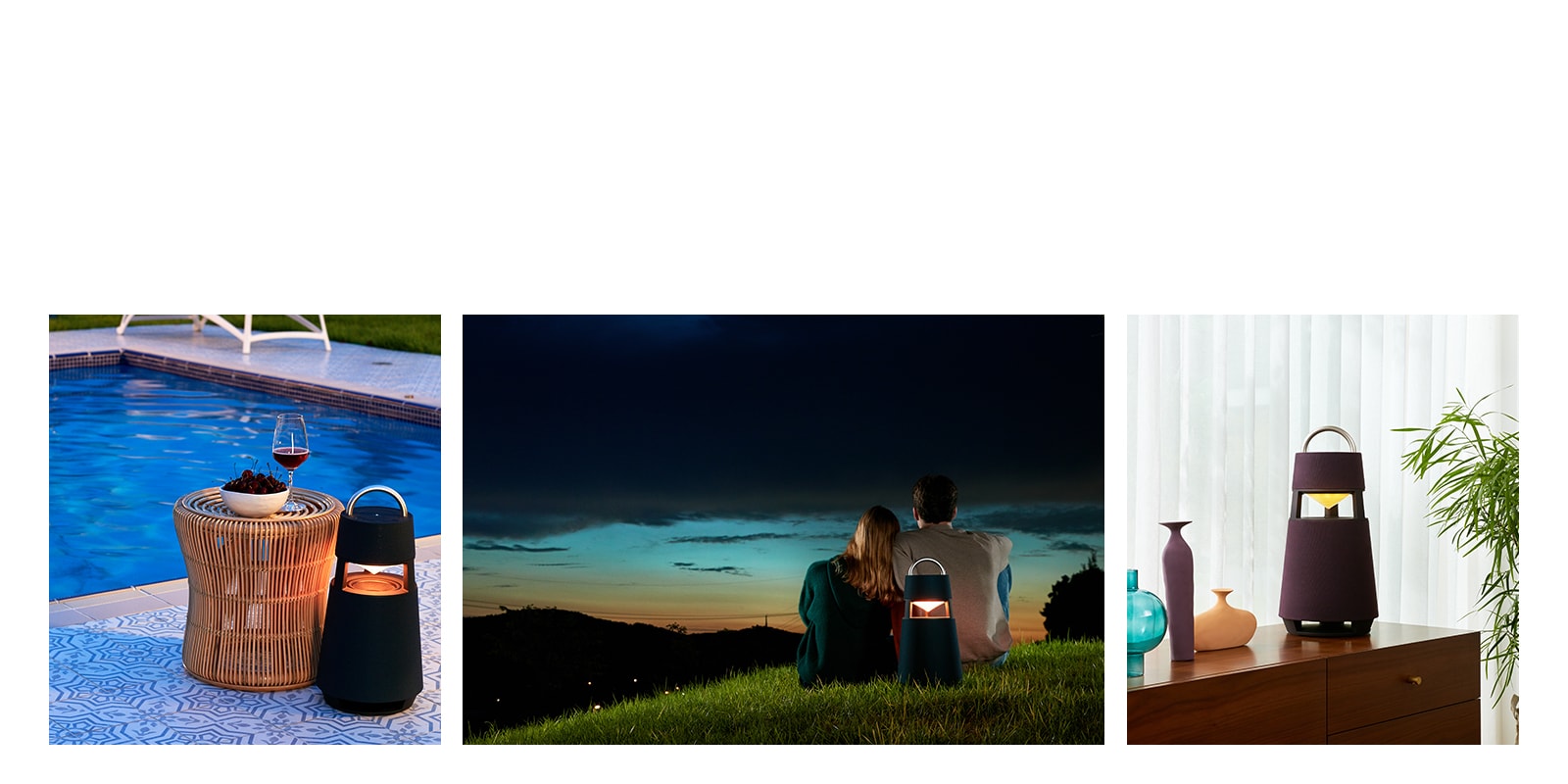 Image of XBOOM 360 standing yellow in an outdoor swimming pool. An image of XBOOM 360 standing behind a woman and a man looking at the sunset night sky. Image of XBOOM 360 standing yellow in the back left side of a woman enjoying a party.