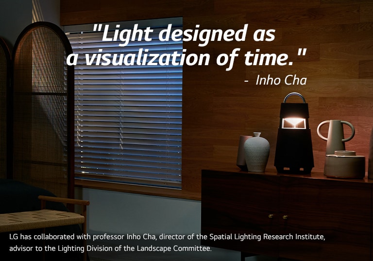 Image of XBOOM 360 that lights up on a shelf in a dark room. A copy of "light designated as a visualization of time" is posted on the image.