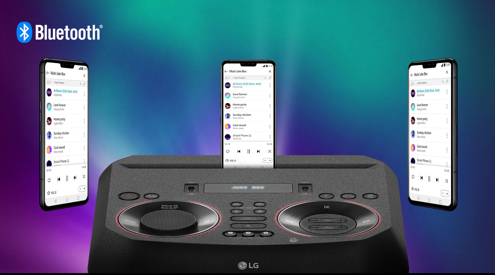 A smartphone is on an LG XBOOM with two other smartphones floating around it. A Bluetooth logo is in the upper left corner.