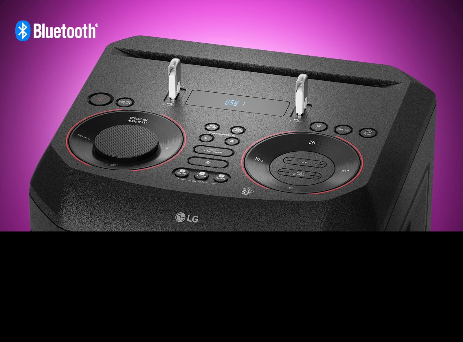 A closeup view of controls on top of LG XBOOM, with two USBs plugged in. A Bluetooth logo is shown in the upper left corner.