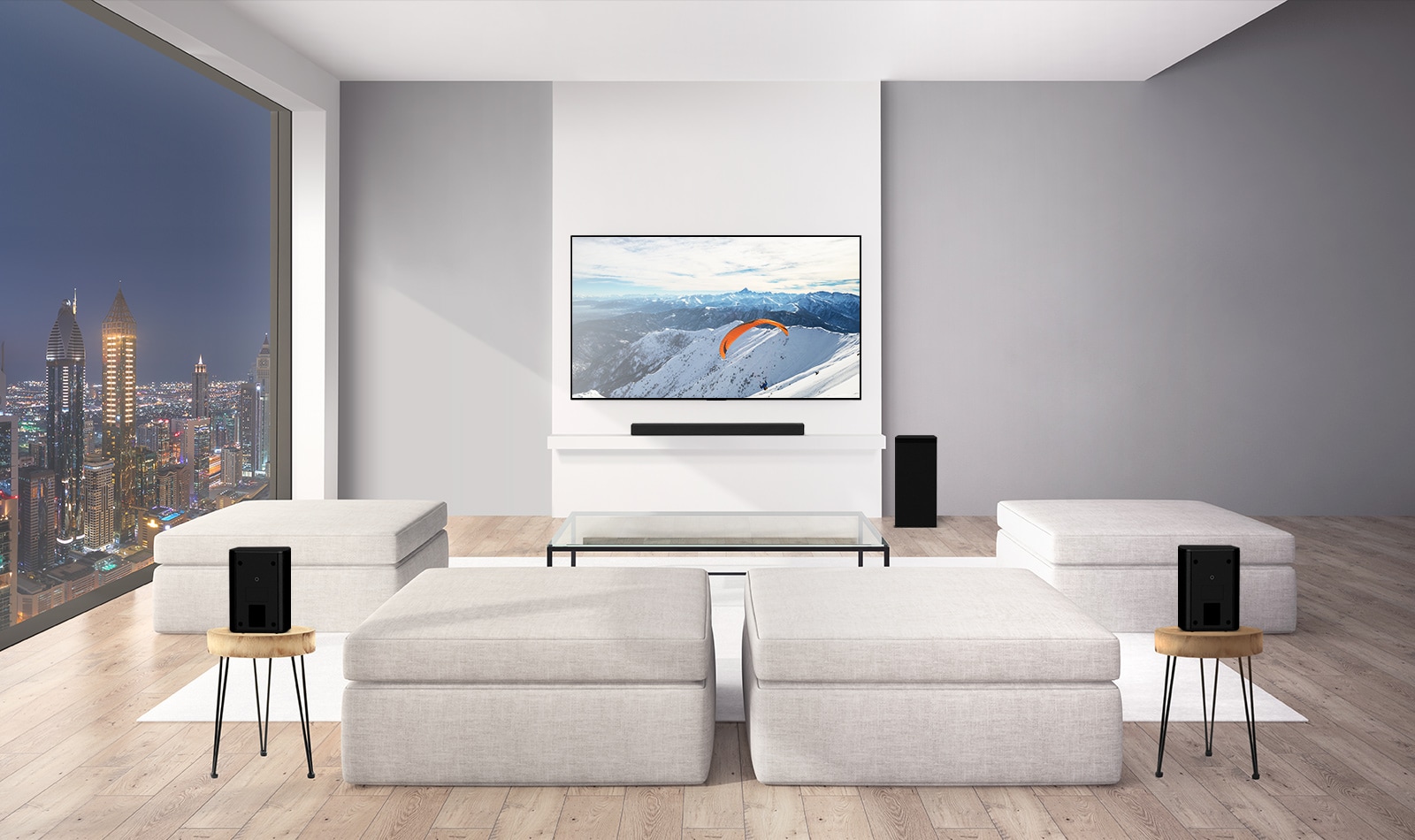 LG Soundbar with a sub-woofer and 2 rear upfiring speakers is in a living room. Graphics of soundwaves coming out from rear speakers to the ceiling and bounce back. (play the video)
