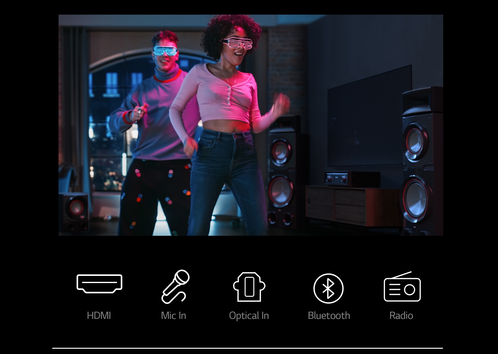 Two people are enjoying house party in the living room. LG MR11 is placed on the right side of the image. On the bottom of the image a white bar is placed below the icons.