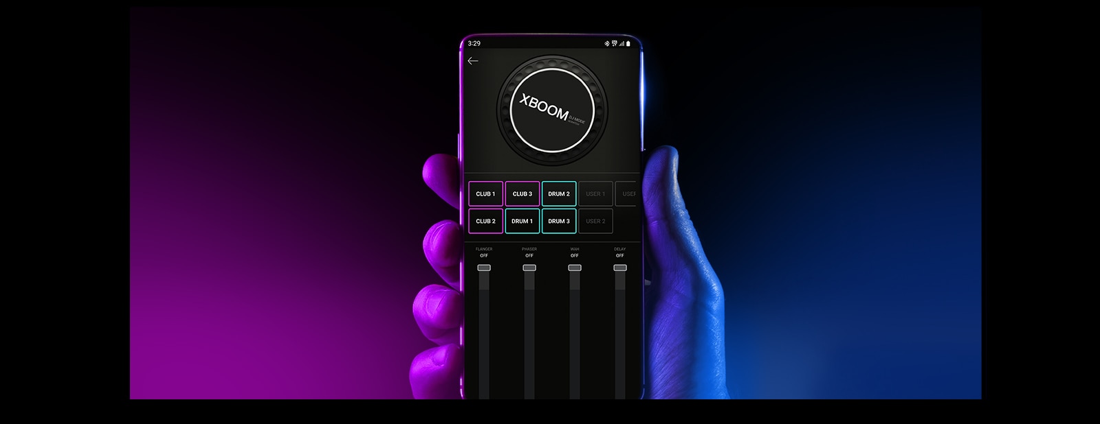 There is a hand holding a smartphone, showing DJ app.