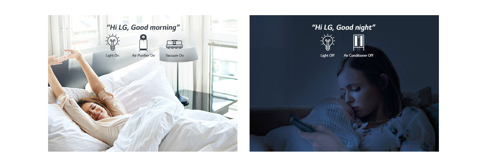 A woman in bed waking up in the morning (left) and with a baby at night (right)