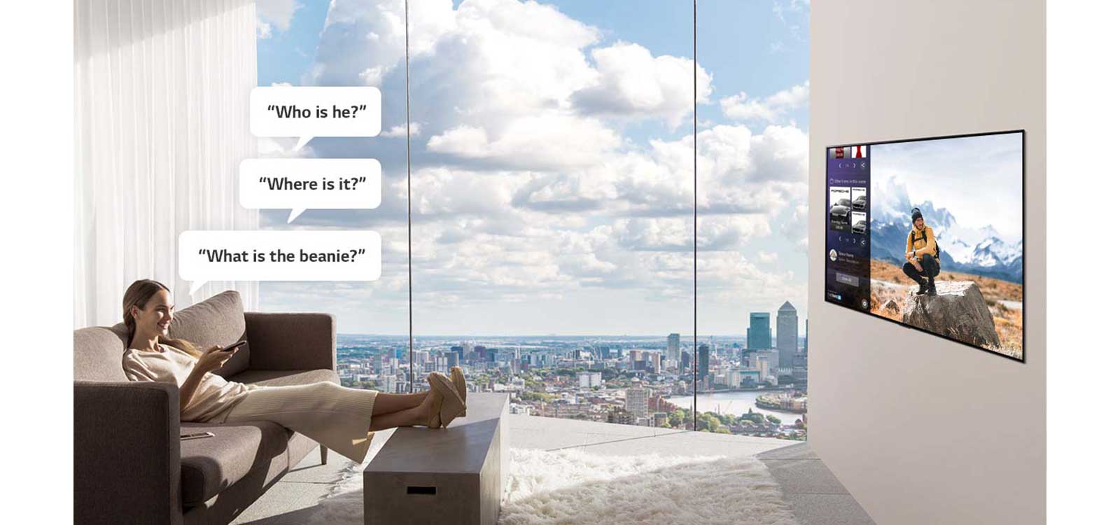 A Woman watching and asking TV, "Who is he?", "Where is it?", and "What is the beanie?" 