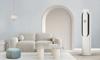 Blue based living room interior with air conditioner