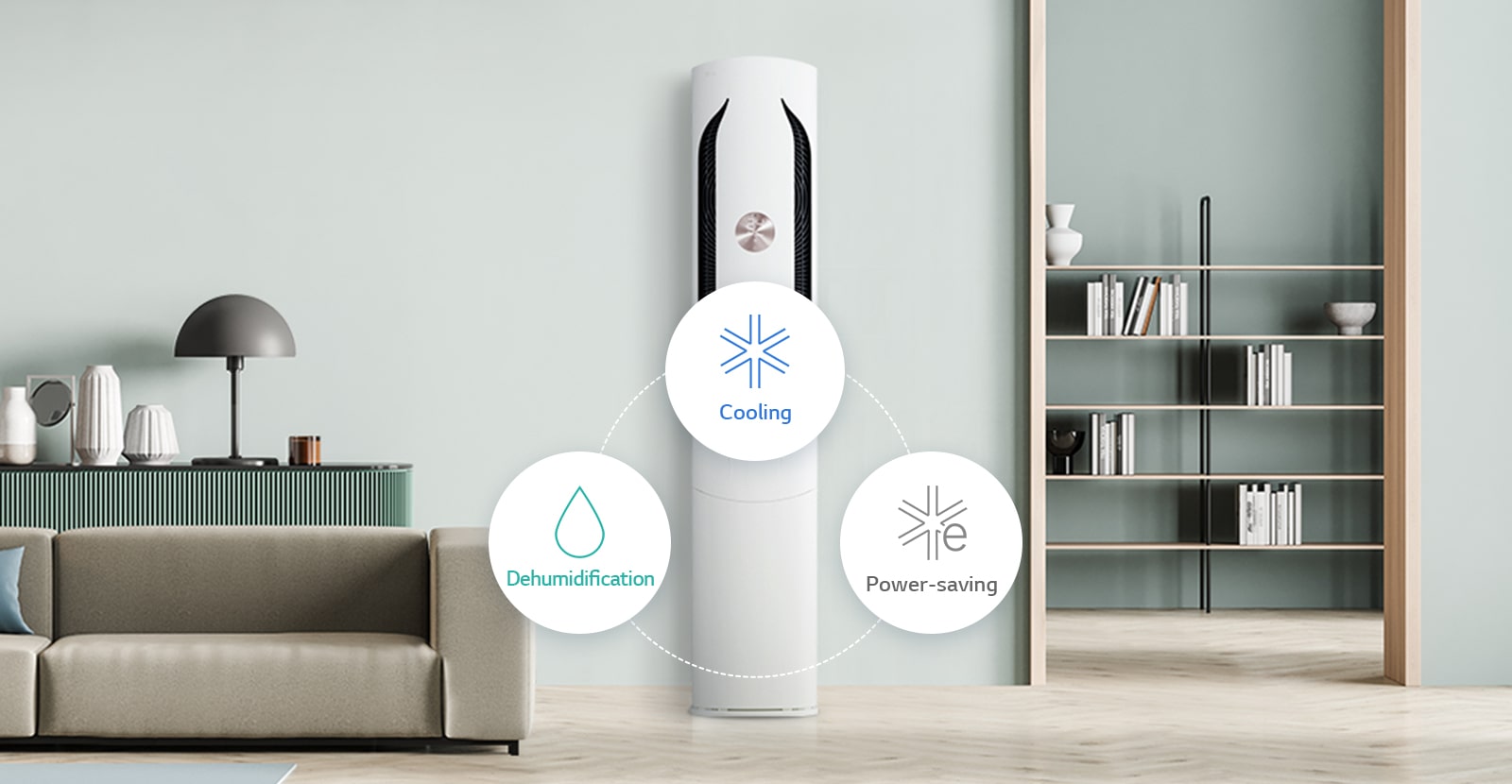 3 icons, which are cooling, dehumidification and power-saving meaning the function of smart care