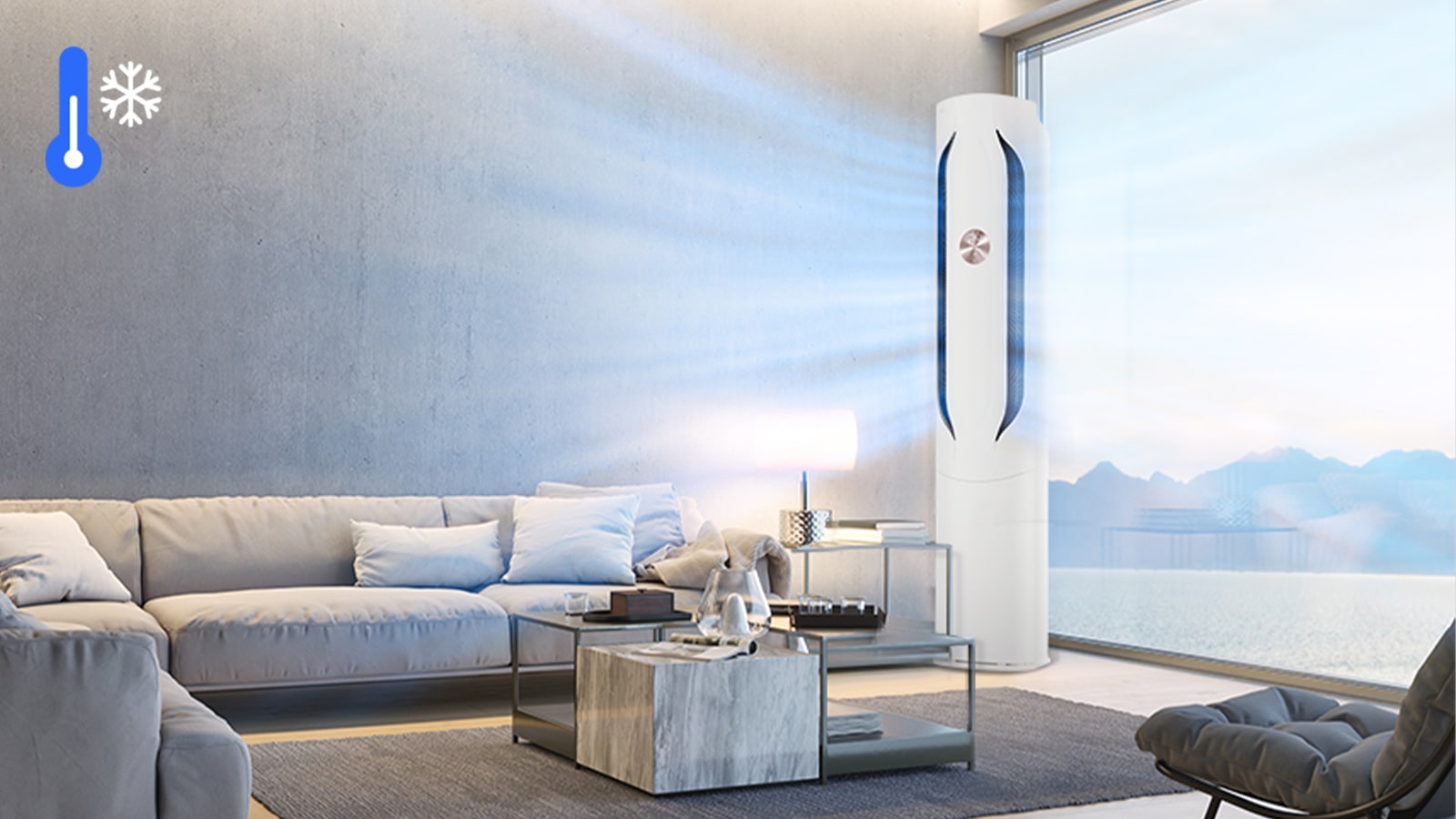 The air conditioner blowing the wind strongly and powerfully and an icon meaning the function in summary on the left above