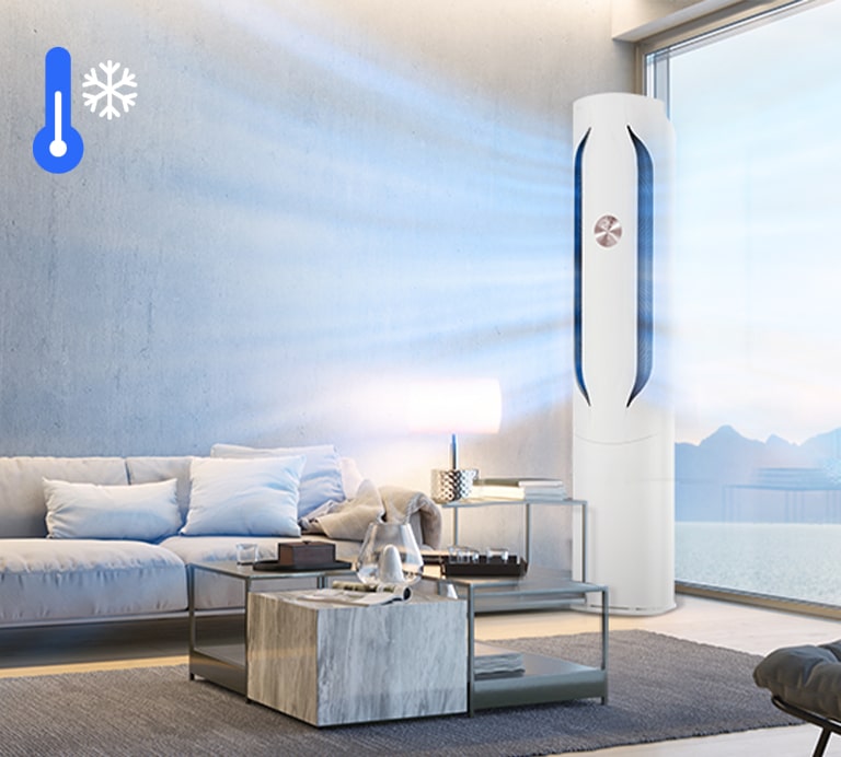 The air conditioner blowing the wind strongly and powerfully and an icon meaning the function in summary on the left above