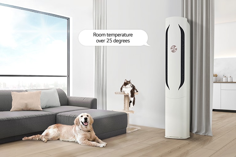 The lying dog next to the air conditioner in the living room