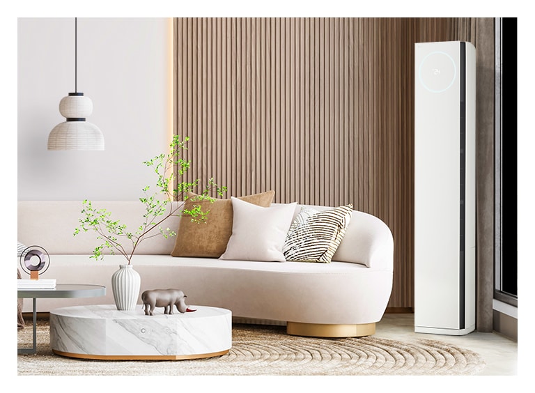 Wood based living room interior with air conditioner