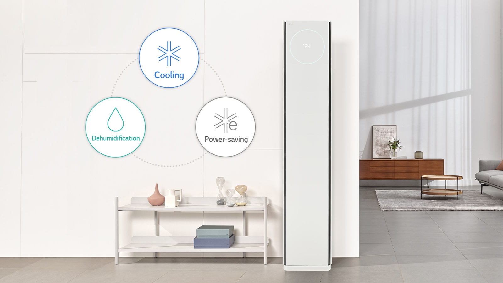 3 icons, which are cooling, dehumidification and power-saving meaning the function of smart care