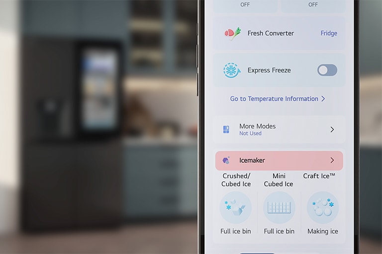 A smartphone screen shows the LG ThinQ app.