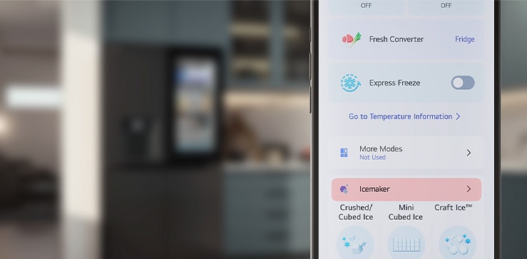 A smartphone screen shows the LG ThinQ app.