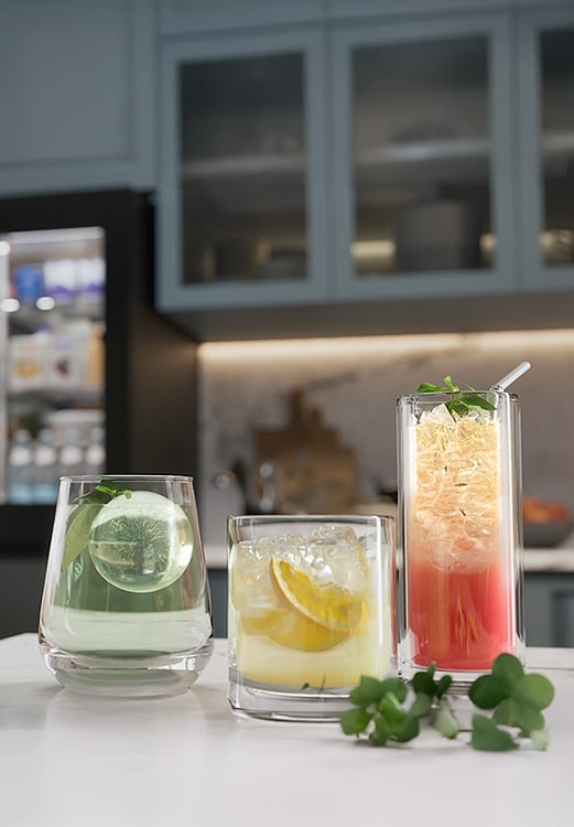 Each glass contains a beverage with a different type of ice.
