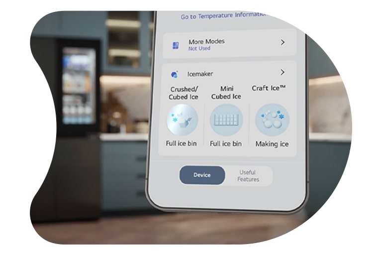 Ice in the refrigerator is managed through the LG ThinQ app on a smartphone.