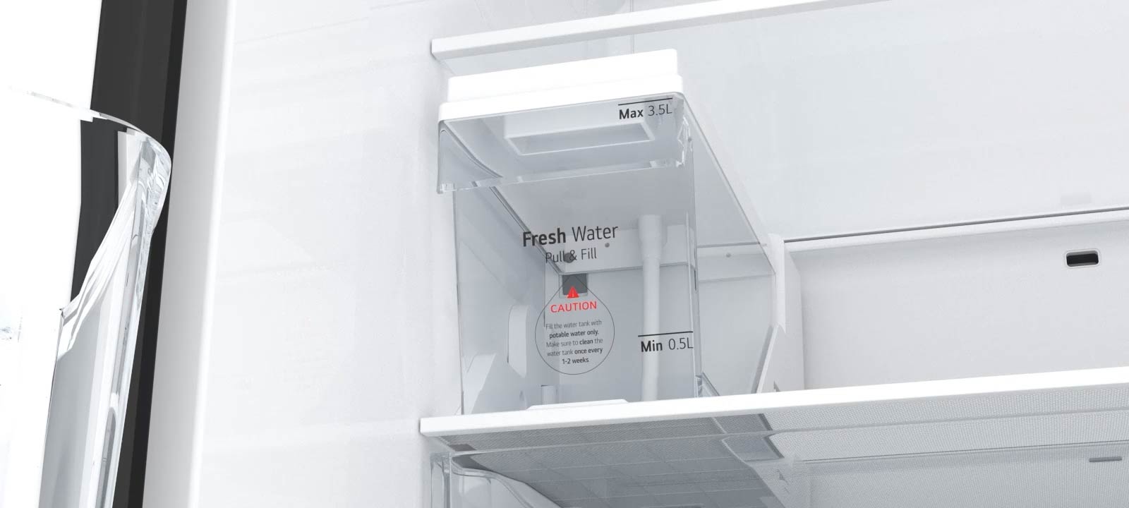 User opening the Slim SpacePlus Ice System compartment in an LG refrigerator.