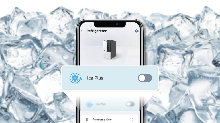 LG ThinQ app screen showing Ice Plus control with ice cubes in the background.