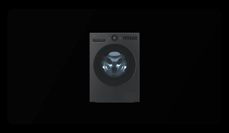 An LG washing machine is positioned centrally with a front view, and the inner drum light is turned on.