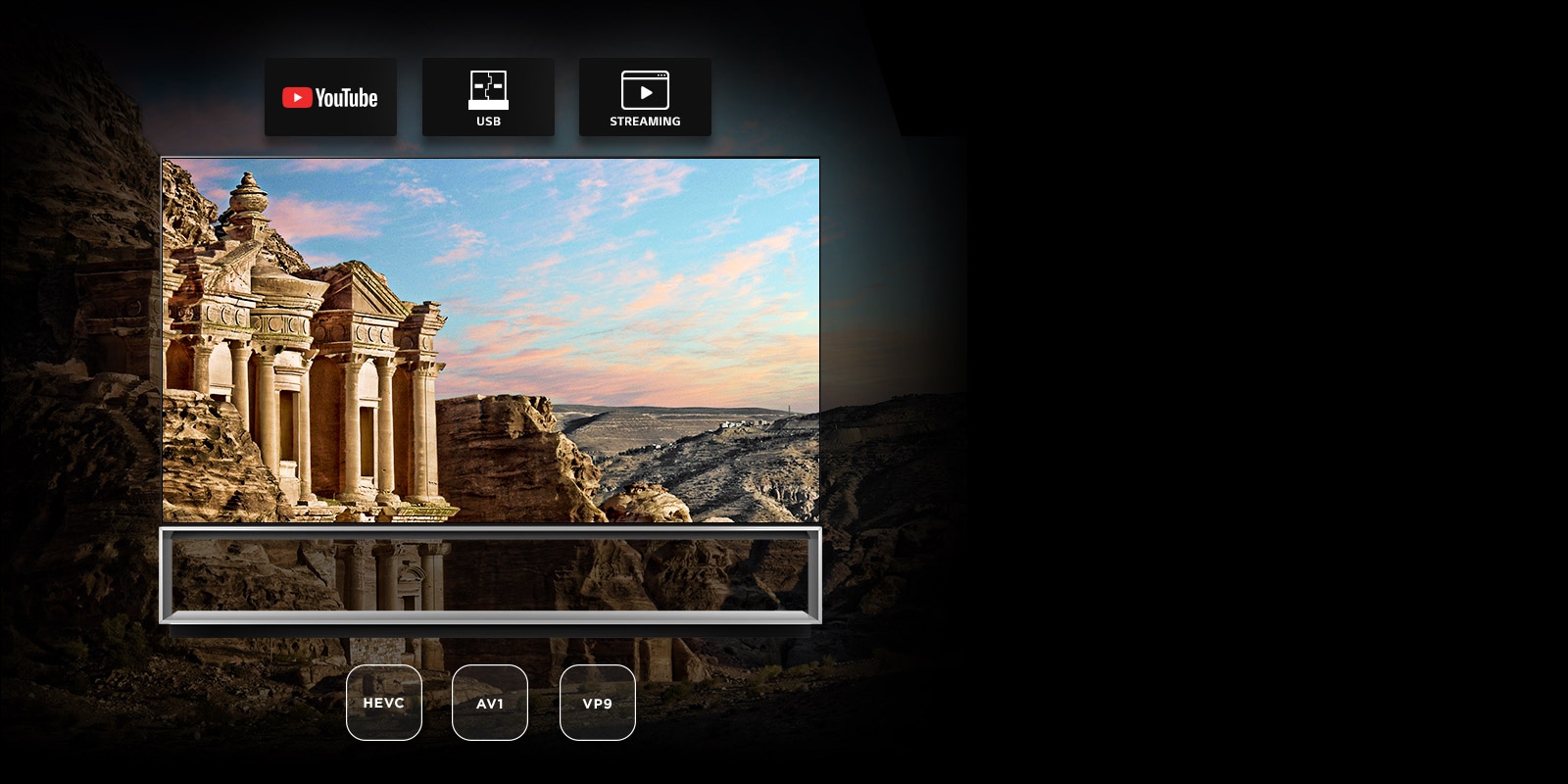 TV screen with view of ancient architecture