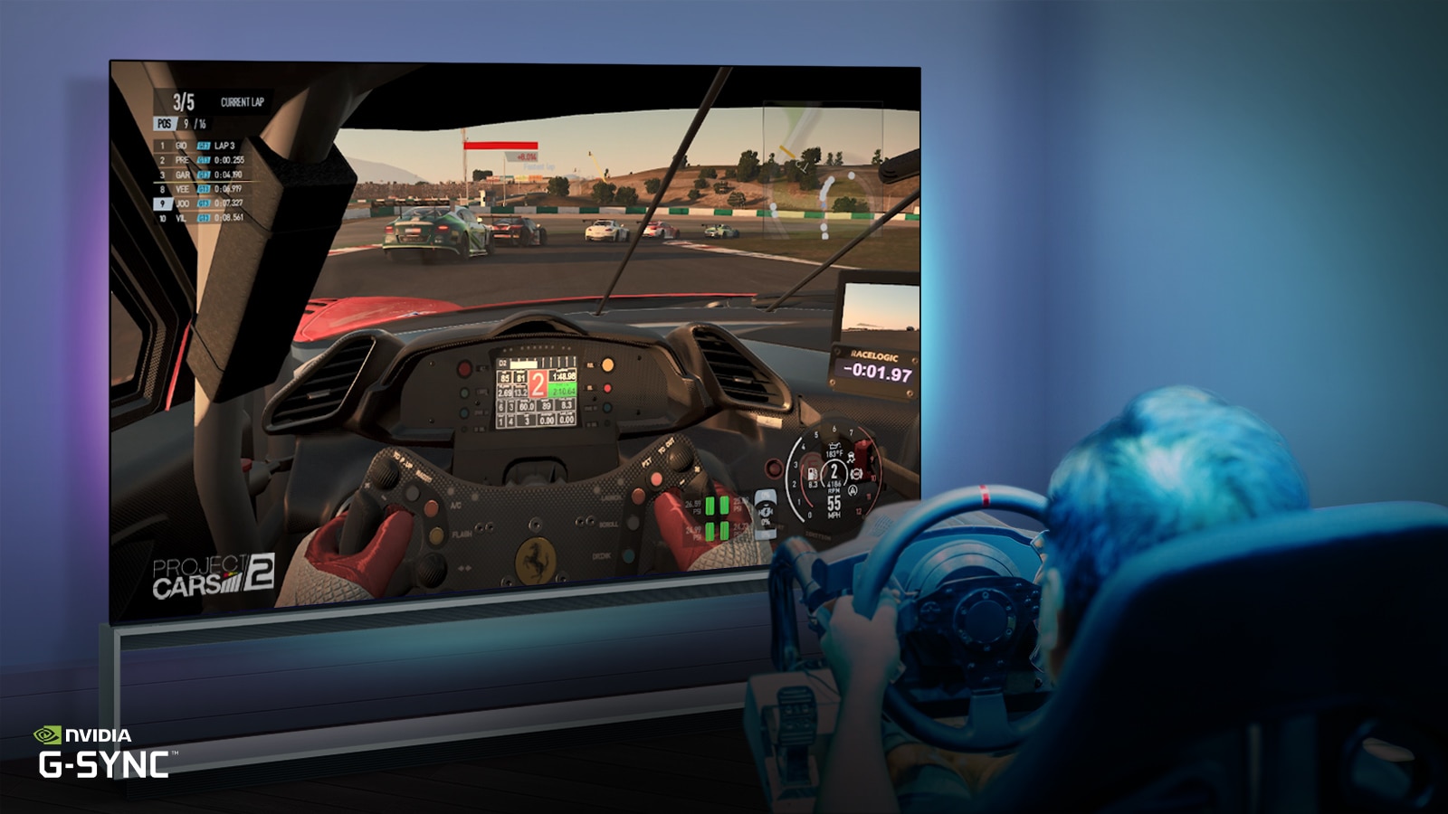 Man sitting on a racer gaming chair, holding a racing wheel while playing a racing game on a TV screen