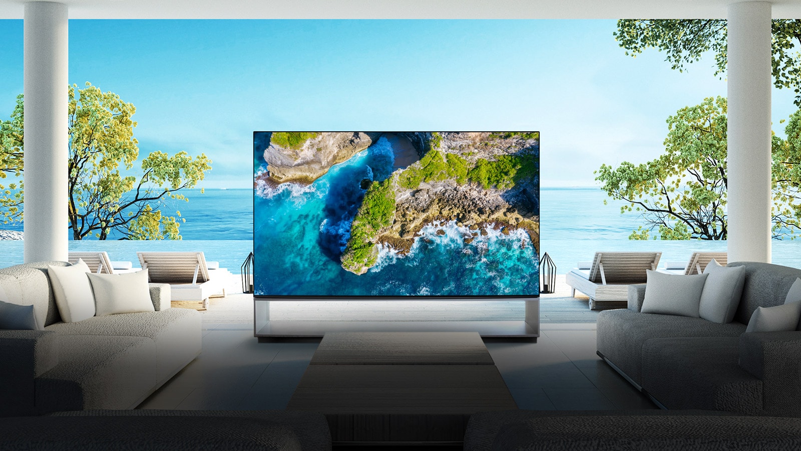 TV showing an aerial view of nature in a luxurious house setting