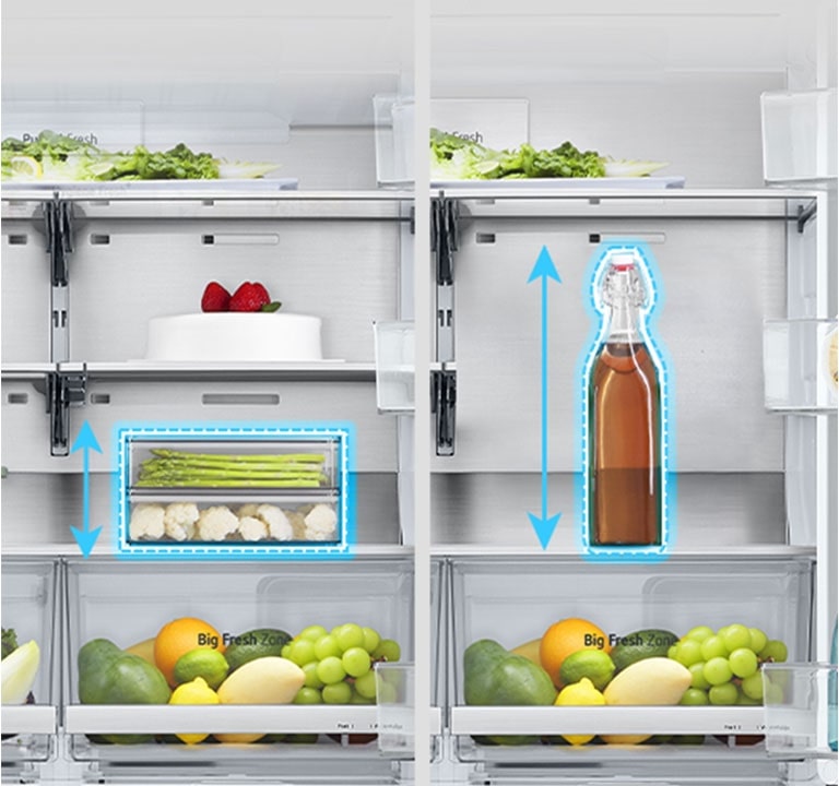 On the left, a shelf was spread out inside the refrigerator and a low food container was placed, and on the right, the shelf was folded in the same position and a high bottle was placed.