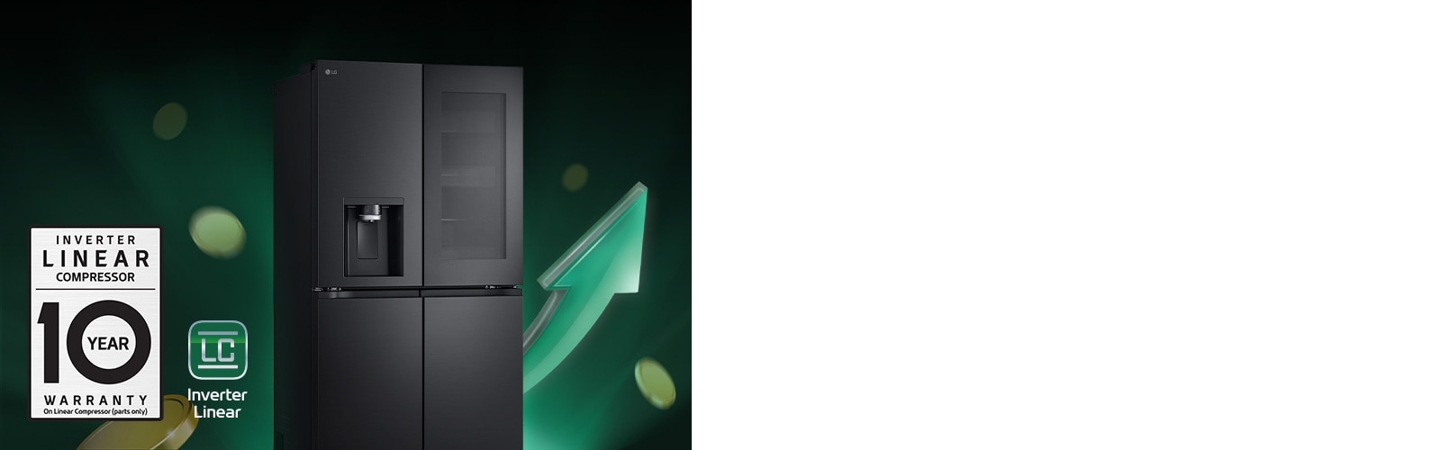 Refrigerator in front of rising arrows and piling coins