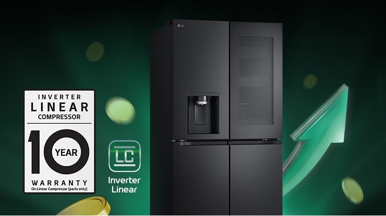 Refrigerator in front of rising arrows and piling coins