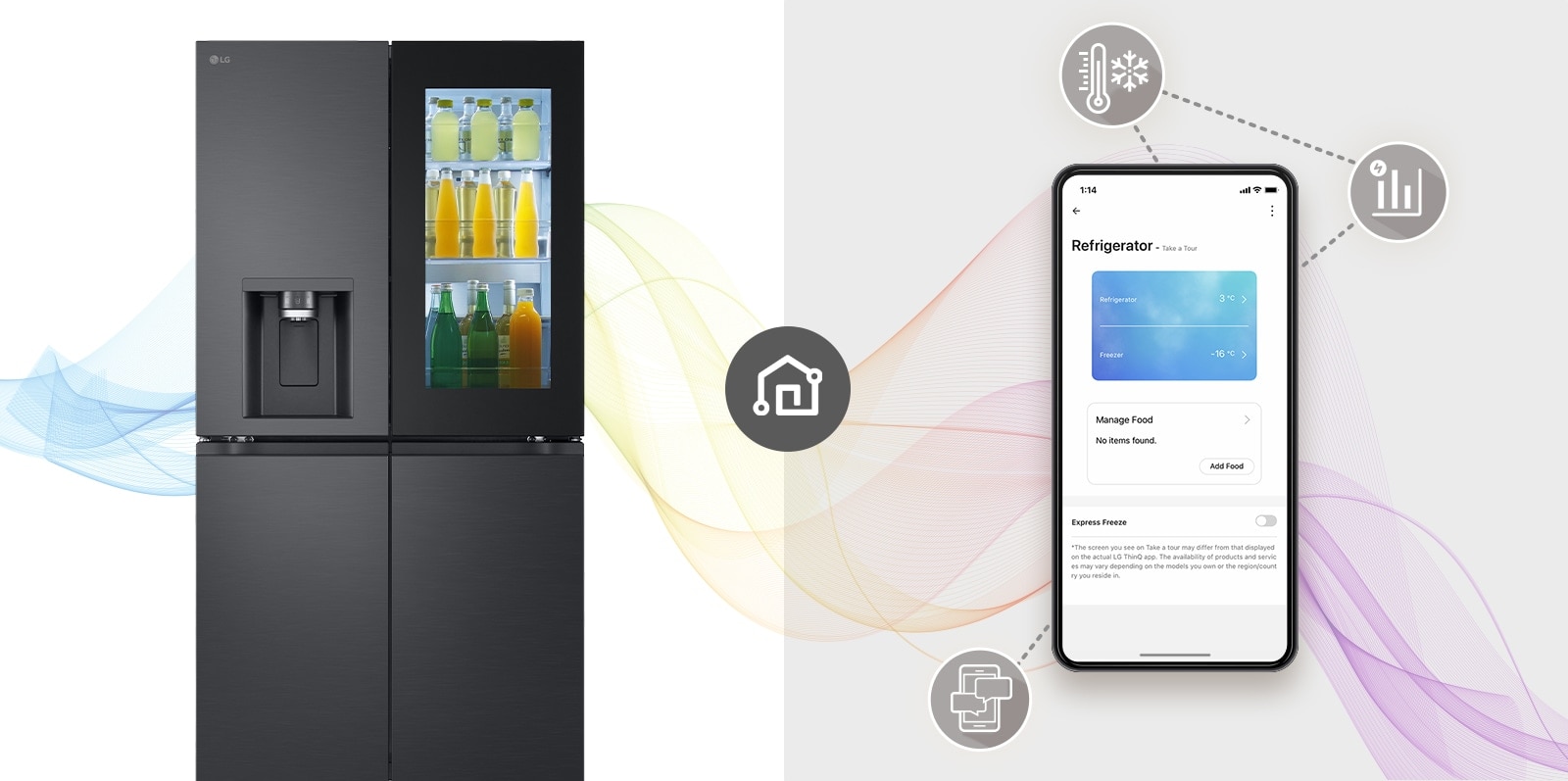 There's a woman sitting comfortably at a table far away doing her job. There is an ai speaker on the table. Leaving her behind, the walls and Black Glass InstaView refrigerator are placed.