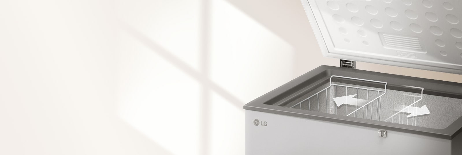 LG chest freezer basket neatly stores smaller items for quick, organized access
