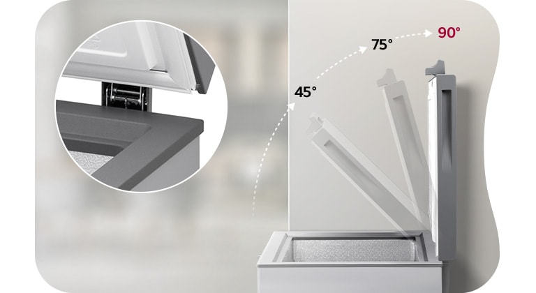 LG chest freezer lid opens up to 90 degrees for easier loading and unloading