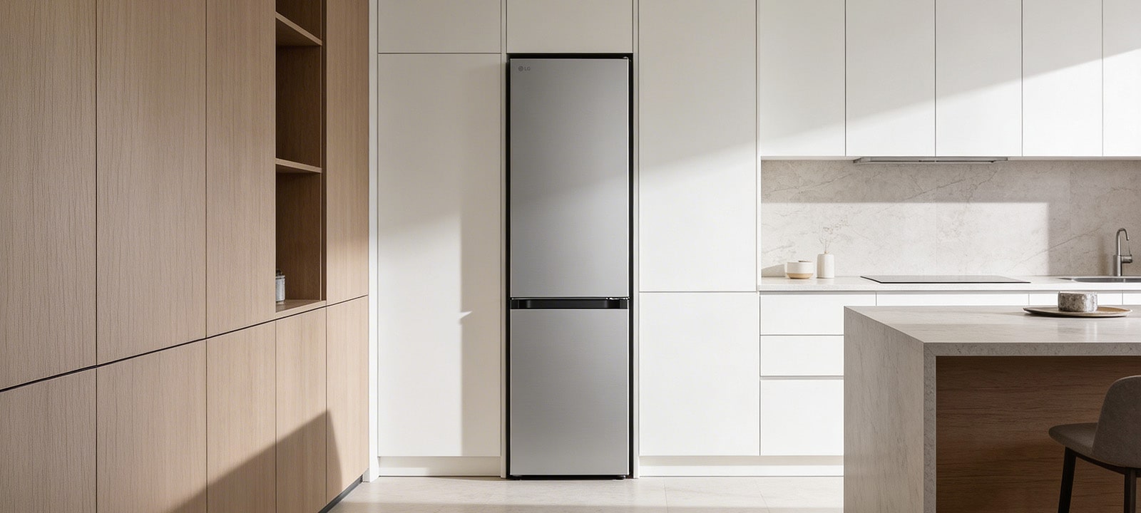LG Bottom Freezer Refrigerator m226mpybam in Prime Silver featuring a Semi Flat Door design for a sleek, integrated kitchen look.