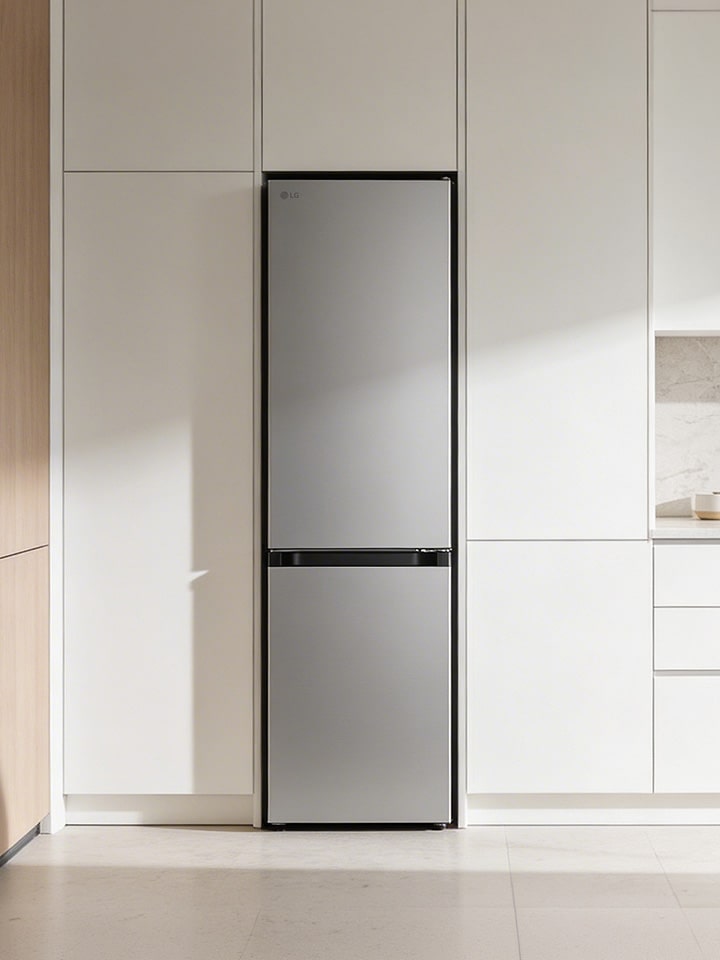LG Bottom Freezer Refrigerator m226mpybam in Prime Silver featuring a Semi Flat Door design for a sleek, integrated kitchen look.