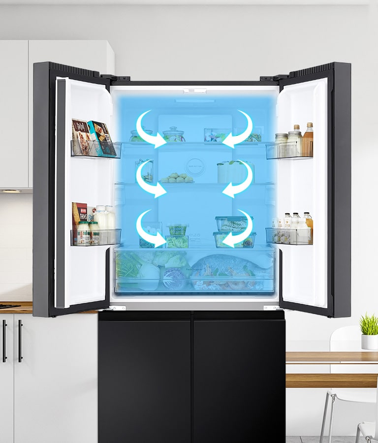 Open lg multi-door refrigerator with multi air flow system, showing cool air circulation for even temperature distribution.